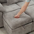 Canapé sectionnel moderne en chenille en forme de L avec canapé-lit gigogne, sièges de rangement, pouf et 2 oreillers pour le salon