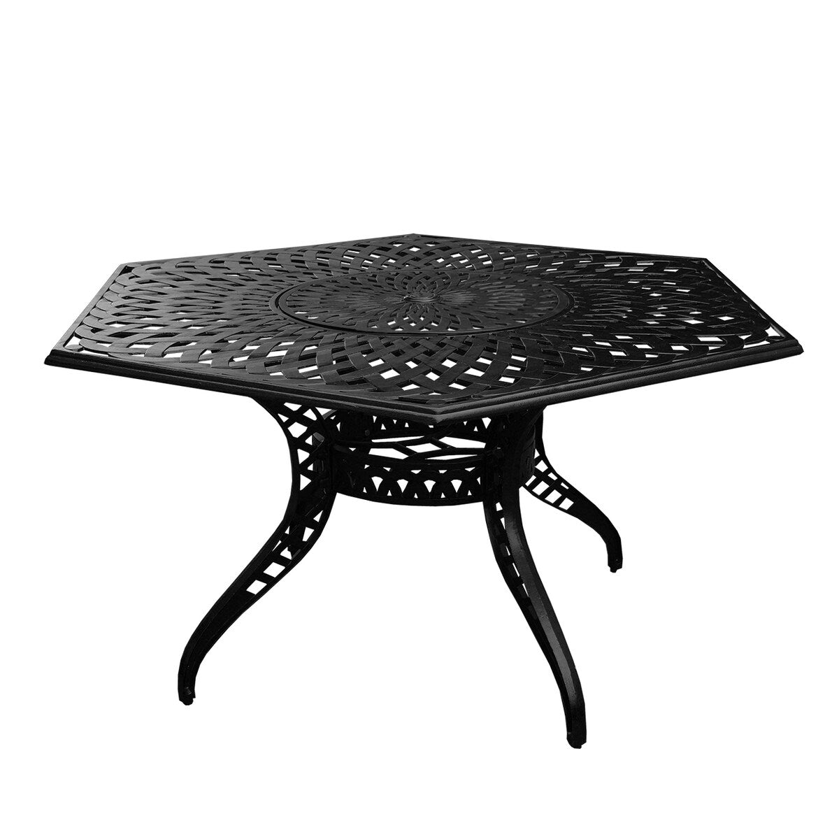 Ensemble de salle à manger d'extérieur moderne et orné en aluminium maillé, de 160 cm de large, avec plateau tournant et six chaises - N/A