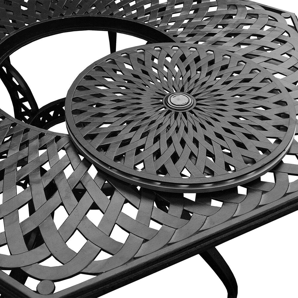 Ensemble de salle à manger d'extérieur moderne et orné en aluminium maillé, de 160 cm de large, avec plateau tournant et six chaises - N/A