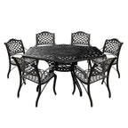 Ensemble de salle à manger d'extérieur moderne et orné en aluminium maillé, de 160 cm de large, avec plateau tournant et six chaises - N/A
