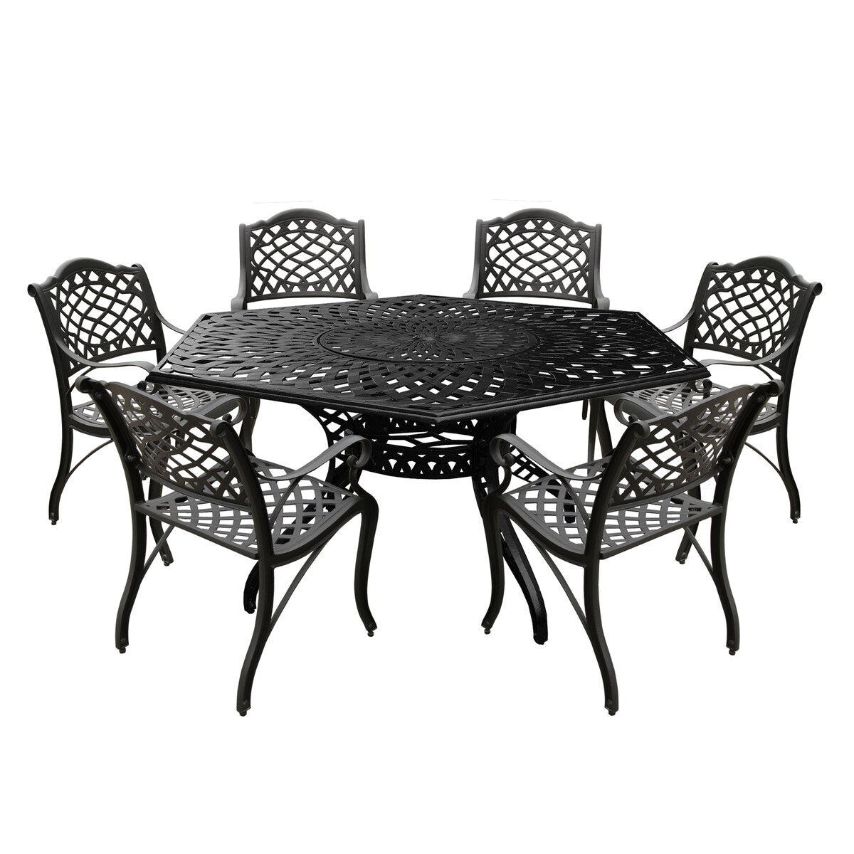 Ensemble de salle à manger d'extérieur moderne et orné en aluminium maillé, de 160 cm de large, avec plateau tournant et six chaises - N/A