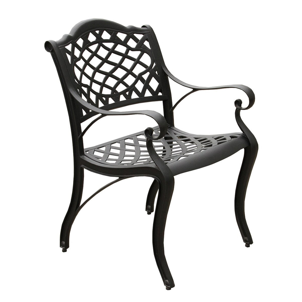Ensemble de salle à manger d'extérieur moderne et orné en aluminium maillé, de 160 cm de large, avec plateau tournant et six chaises - N/A