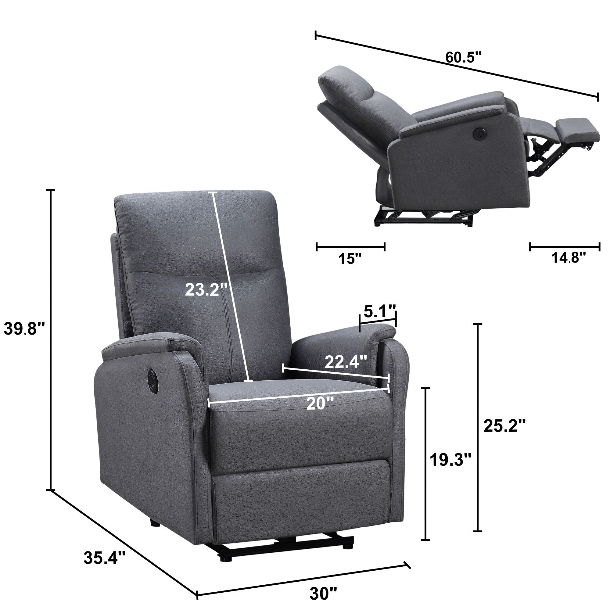 Fauteuil inclinable électrique moderne avec port USB, support complet de la tête et des lombaires
