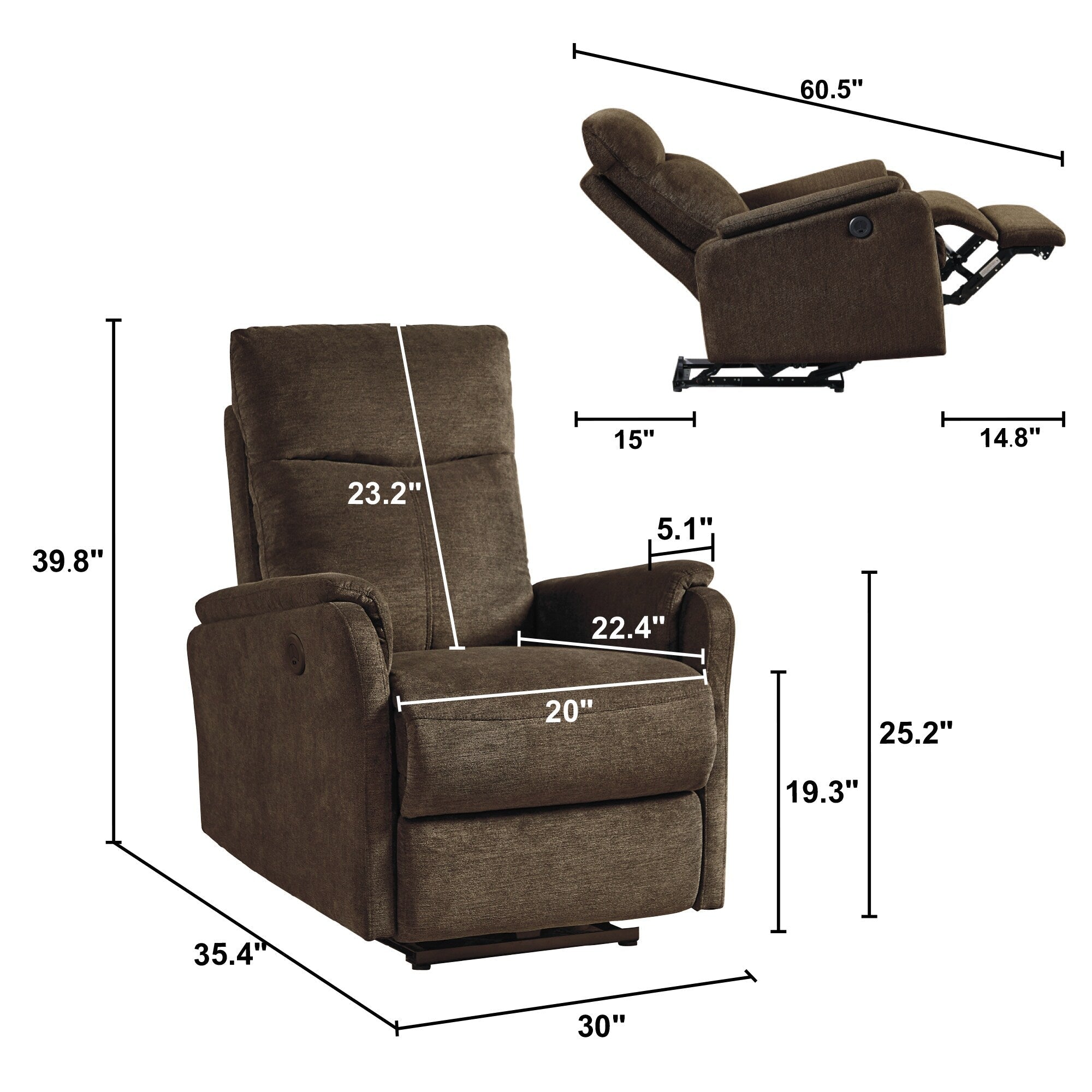 Fauteuil inclinable électrique moderne avec port USB, support complet de la tête et des lombaires