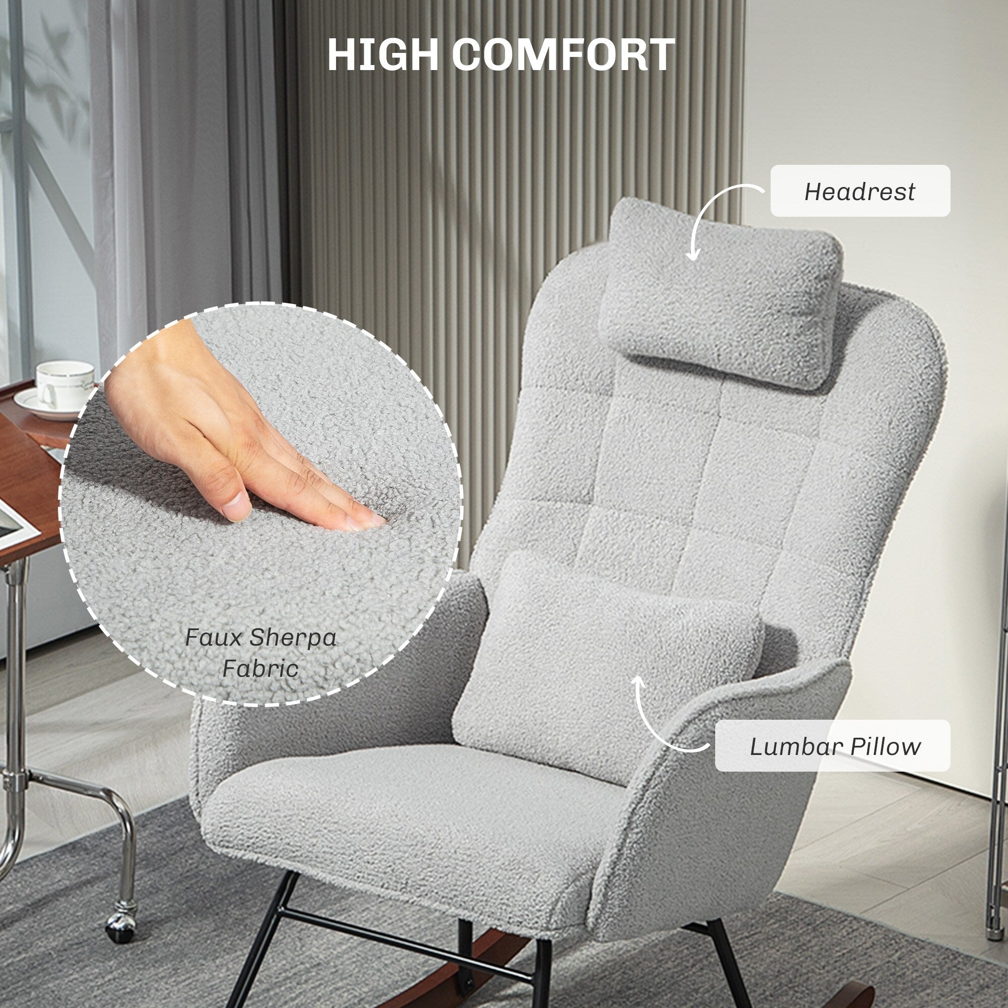 Fauteuil à bascule rembourré moderne pour chambre d'enfant avec dossier haut, appui-tête et coussin lombaire pour salon ou chambre