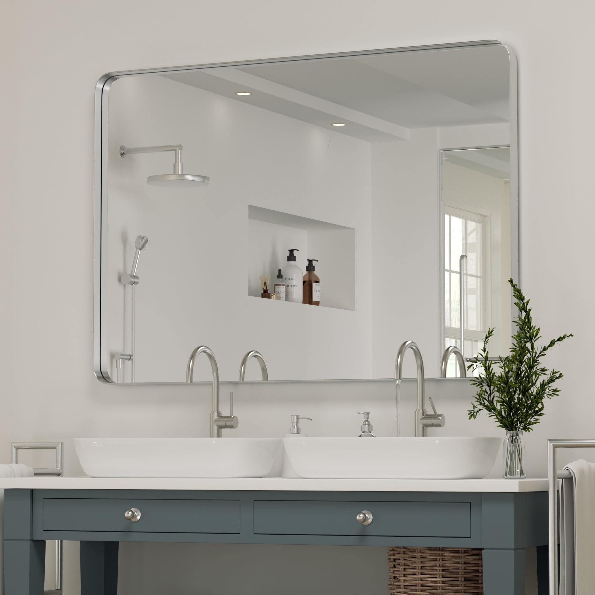 Miroir mural moderne, miroir rectangulaire avec cadre en métal, miroir de salle de bain avec miroir de courtoisie d'angle rond pour vertical/horizontal