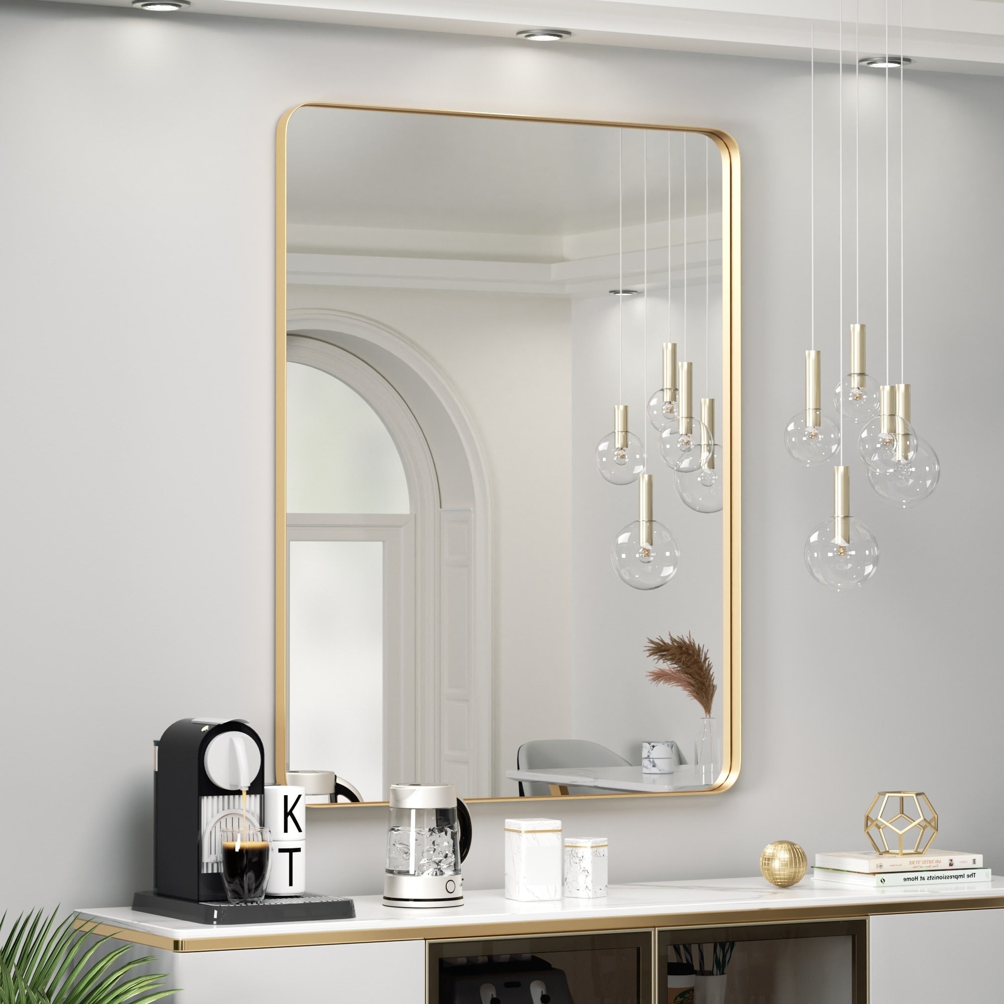 Miroir mural moderne, miroir rectangulaire avec cadre en métal, miroir de salle de bain avec miroir de courtoisie d'angle rond pour vertical/horizontal