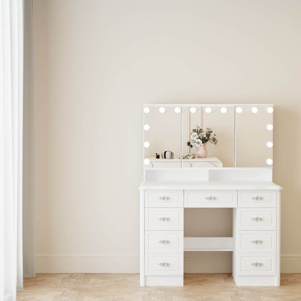 Miroir de maquillage pliable blanc moderne avec éclairage réglable - 40,2 x 54,1