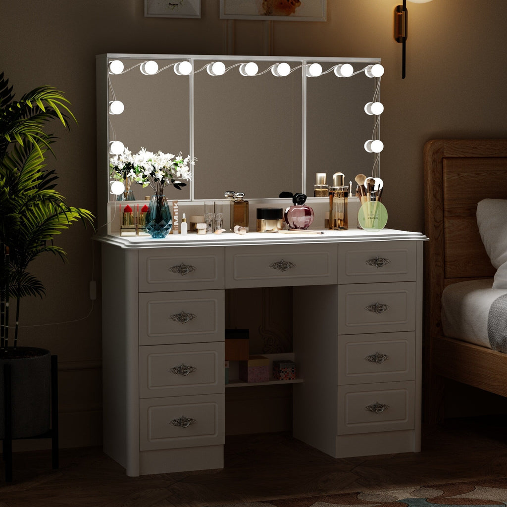 Miroir de maquillage pliable blanc moderne avec éclairage réglable - 40,2 x 54,1