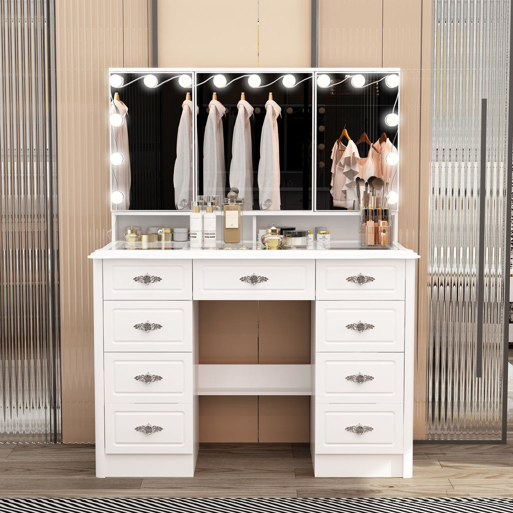 Miroir de maquillage pliable blanc moderne avec éclairage réglable - 40,2 x 54,1