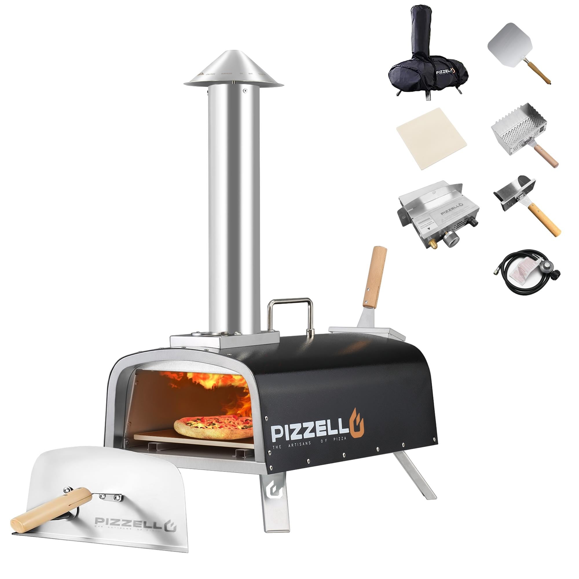 Four à pizza extérieur multi-combustible, machine à pizza cuite sur pierre avec brûleur à gaz et boîte à bois - 12 pouces