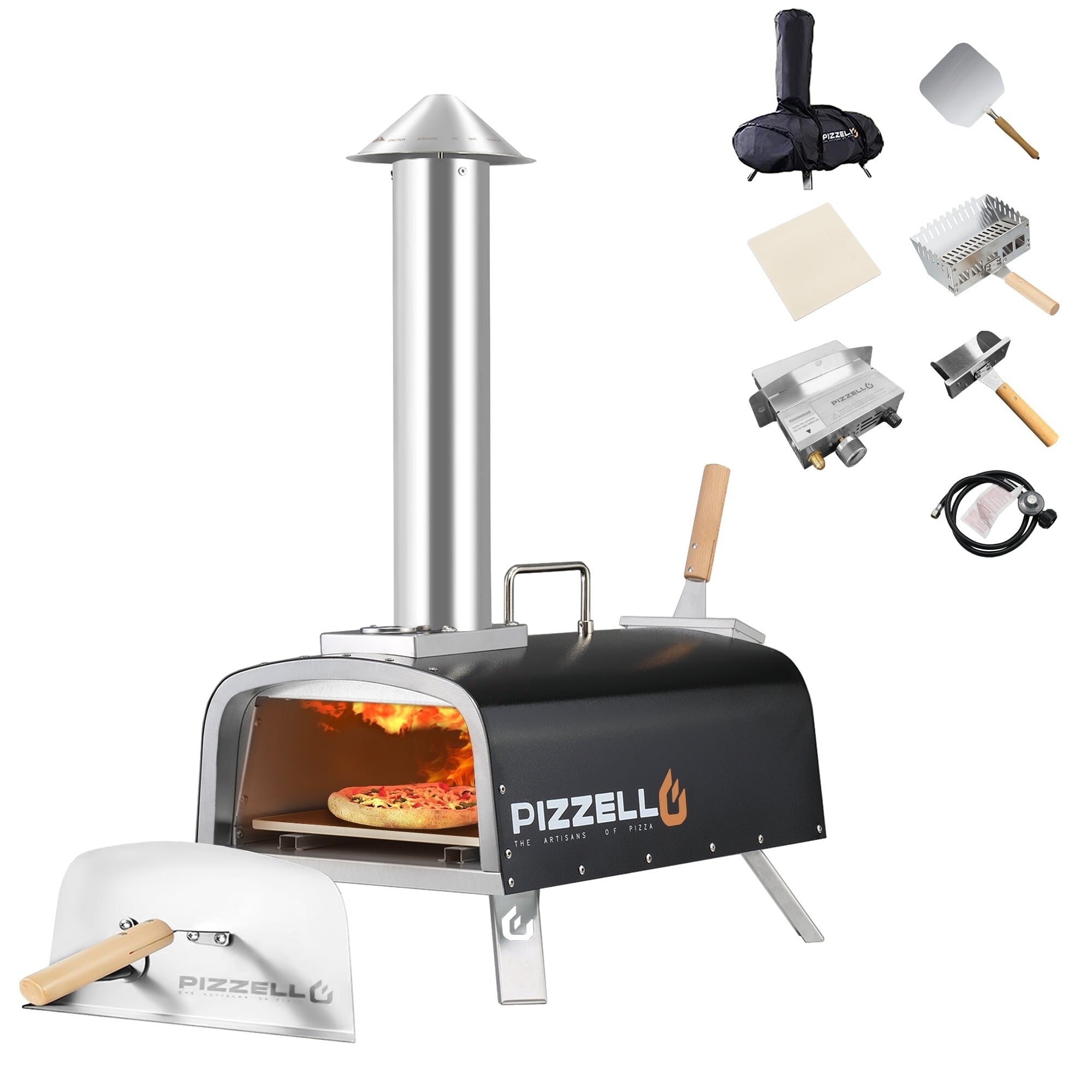 Four à pizza extérieur multi-combustible, machine à pizza cuite sur pierre avec brûleur à gaz et boîte à bois - 12 pouces