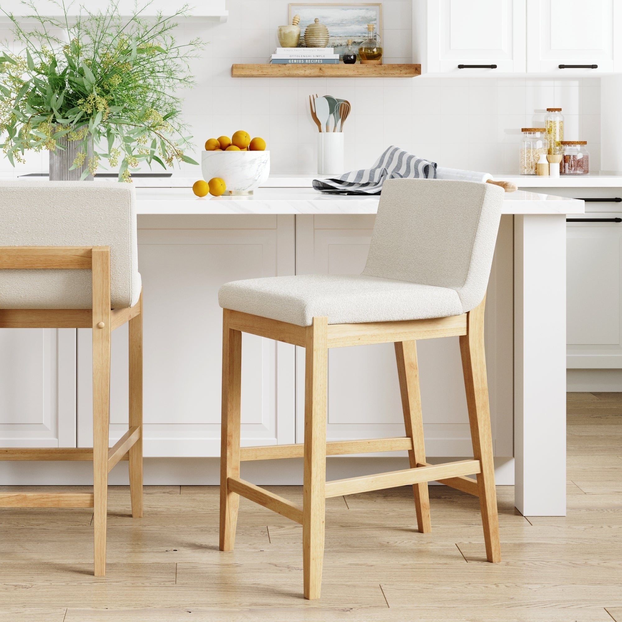 Tabouret de bar moderne Gracie, chaise rembourrée en boucle et pieds en bois brossé