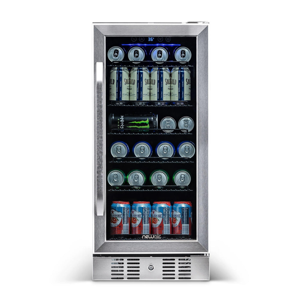 Réfrigérateur à boissons encastré Newair de 15 po, 96 canettes, en acier inoxydable, avec commandes de température et étagères réglables