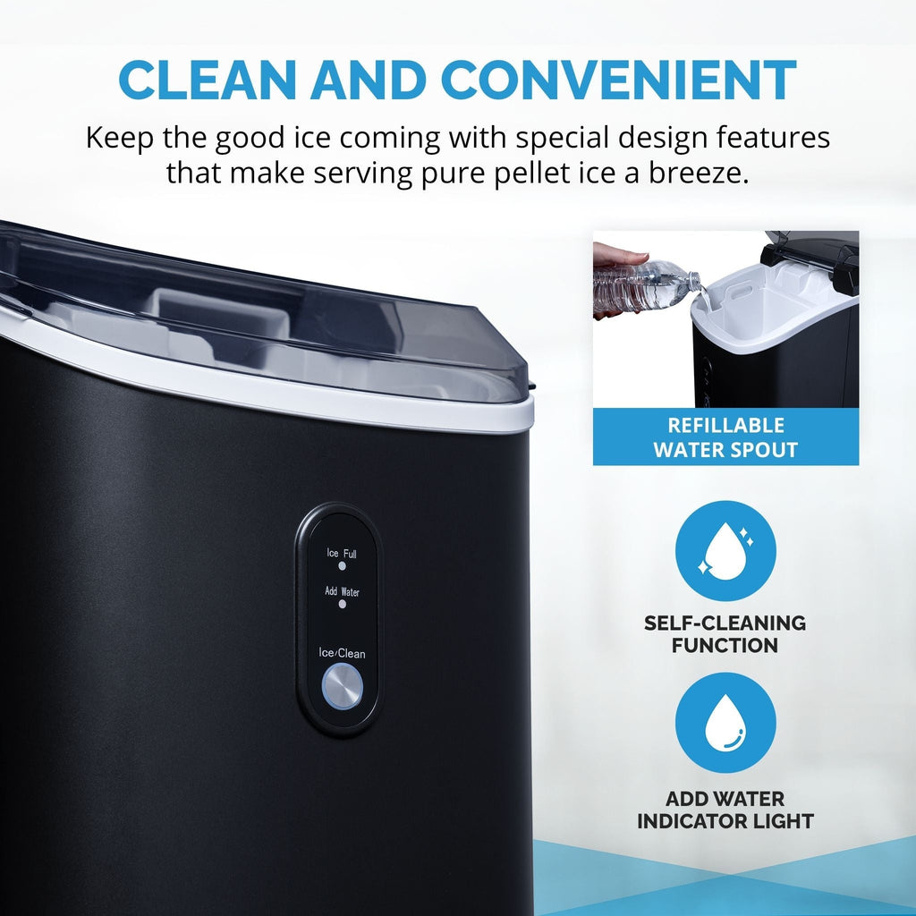 Machine à glaçons Newair de 11,8 kg (26 lb) pour comptoir, noir mat, avec fenêtre de visualisation de la glace, bouton autonettoyant et bec verseur facile à utiliser.
