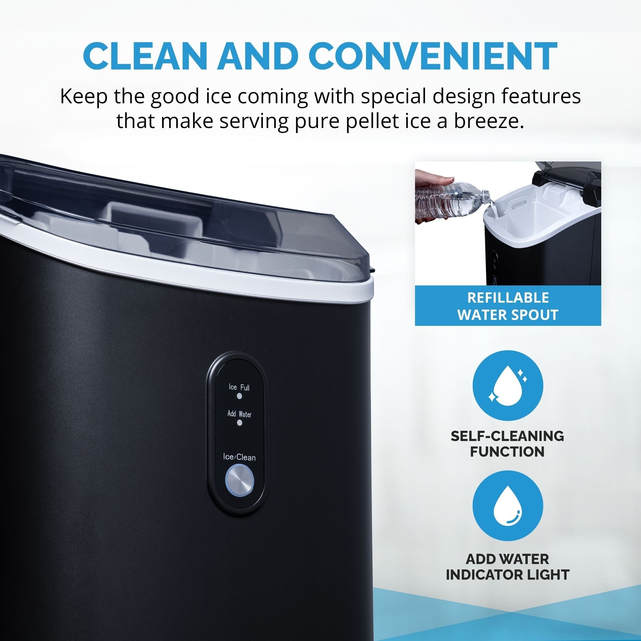 Machine à glaçons Newair de 11,8 kg (26 lb) pour comptoir, noir mat, avec fenêtre de visualisation de la glace, bouton autonettoyant et bec verseur facile à utiliser.