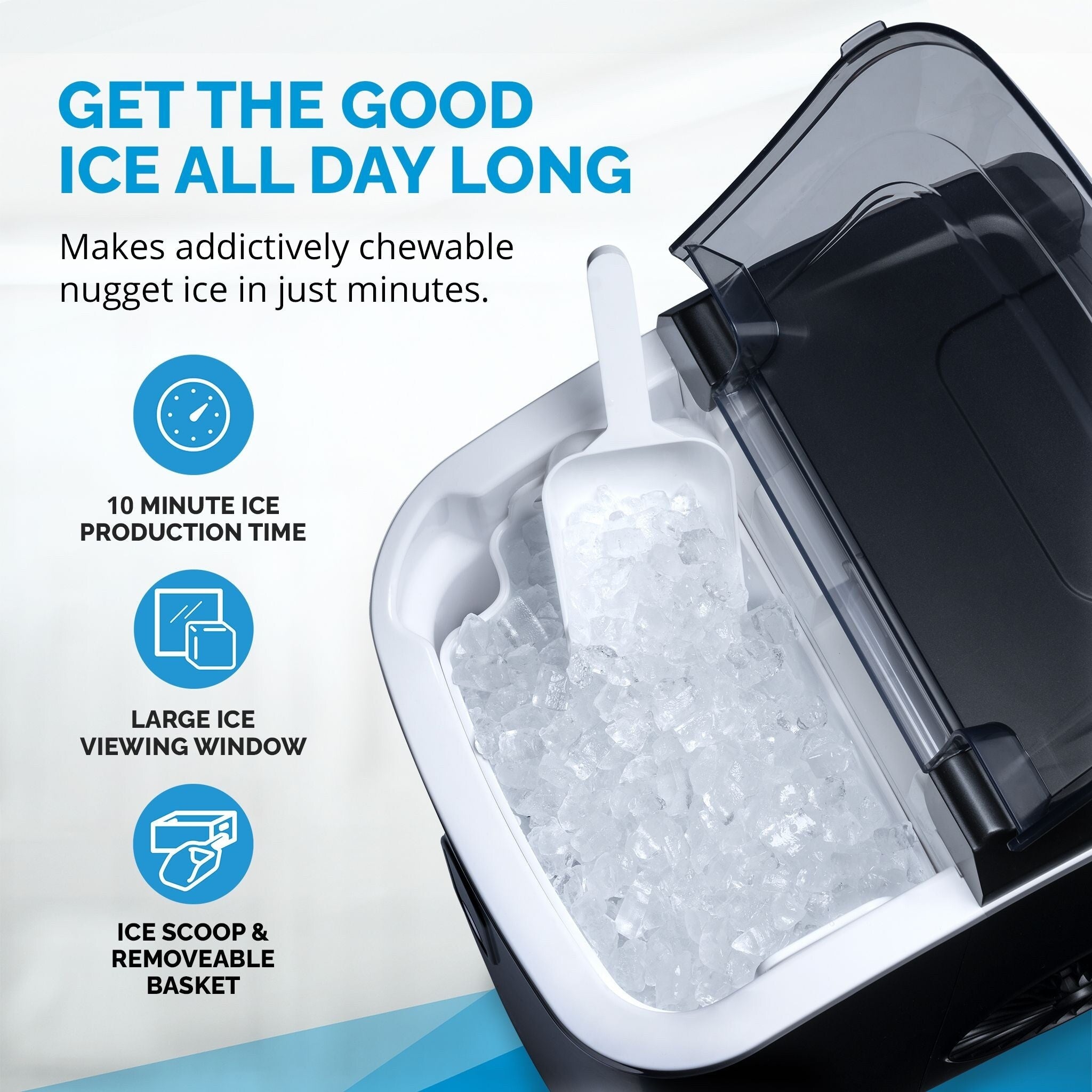 Machine à glaçons Newair de 11,8 kg (26 lb) pour comptoir, noir mat, avec fenêtre de visualisation de la glace, bouton autonettoyant et bec verseur facile à utiliser.