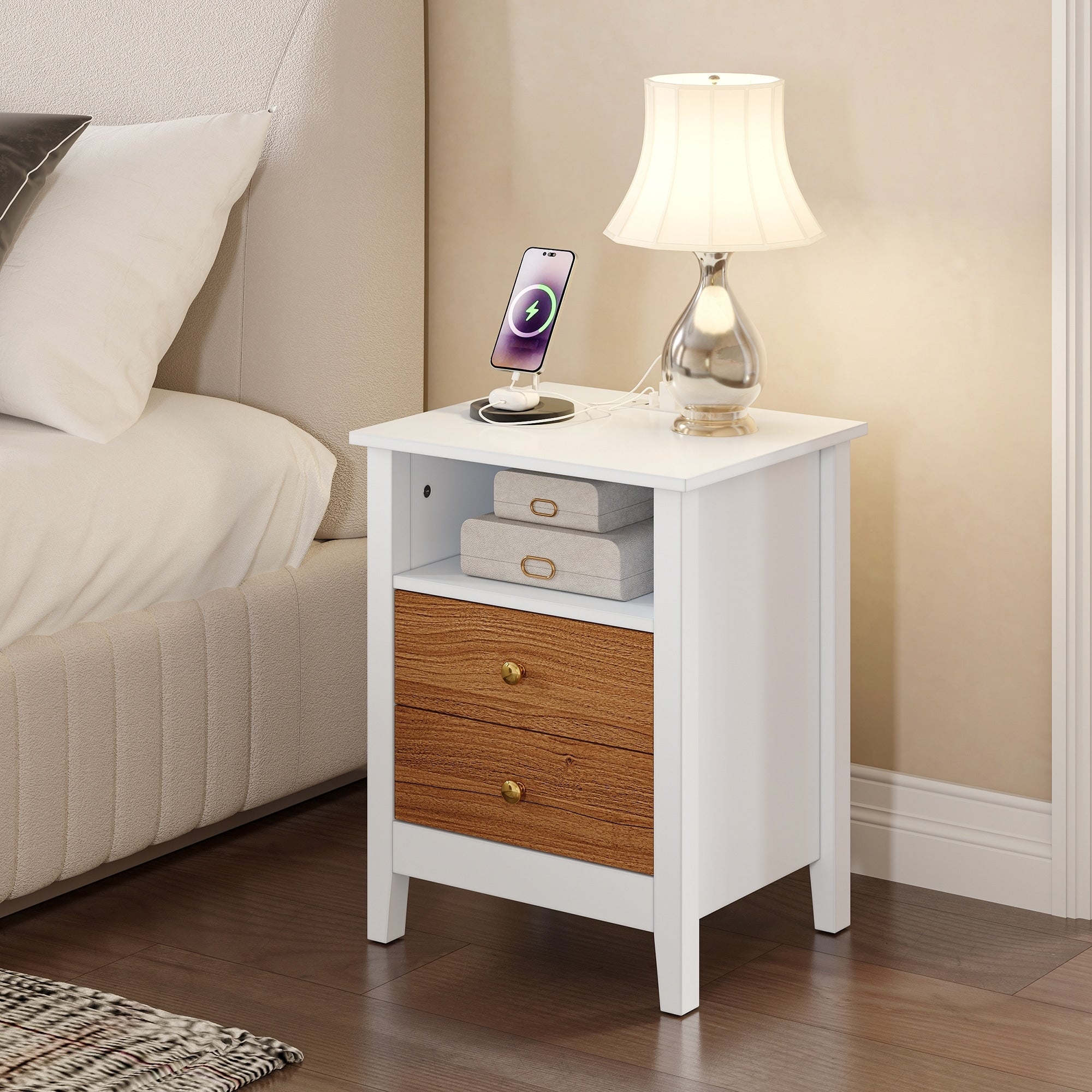 Ensemble de 2 tables de chevet avec station de charge Table d'appoint avec 2 tiroirs avec ports et prises USB Table de chevet