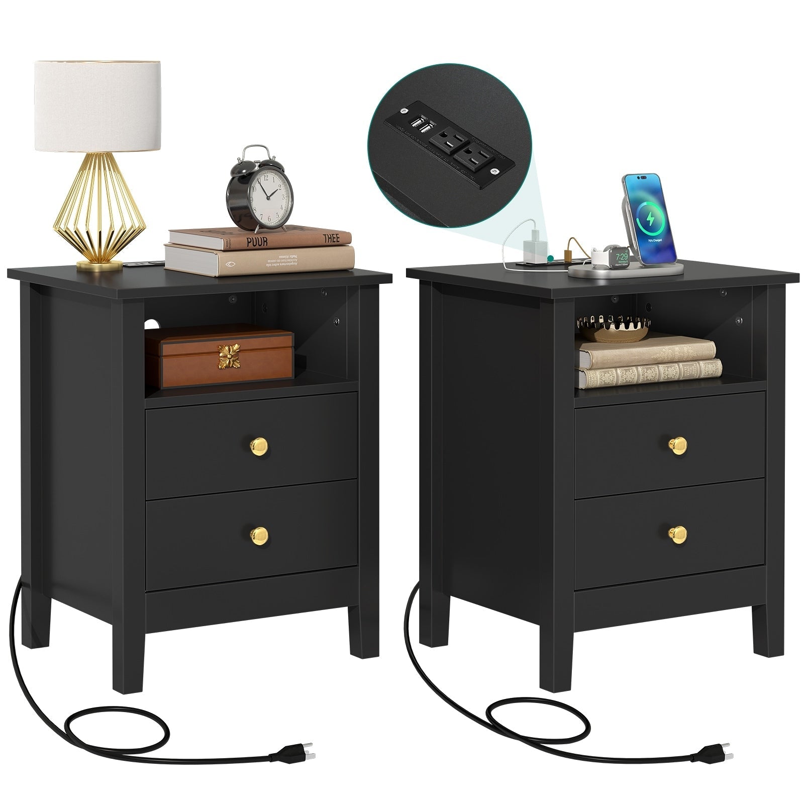 Ensemble de 2 tables de chevet avec station de charge Table d'appoint avec 2 tiroirs avec ports et prises USB Table de chevet