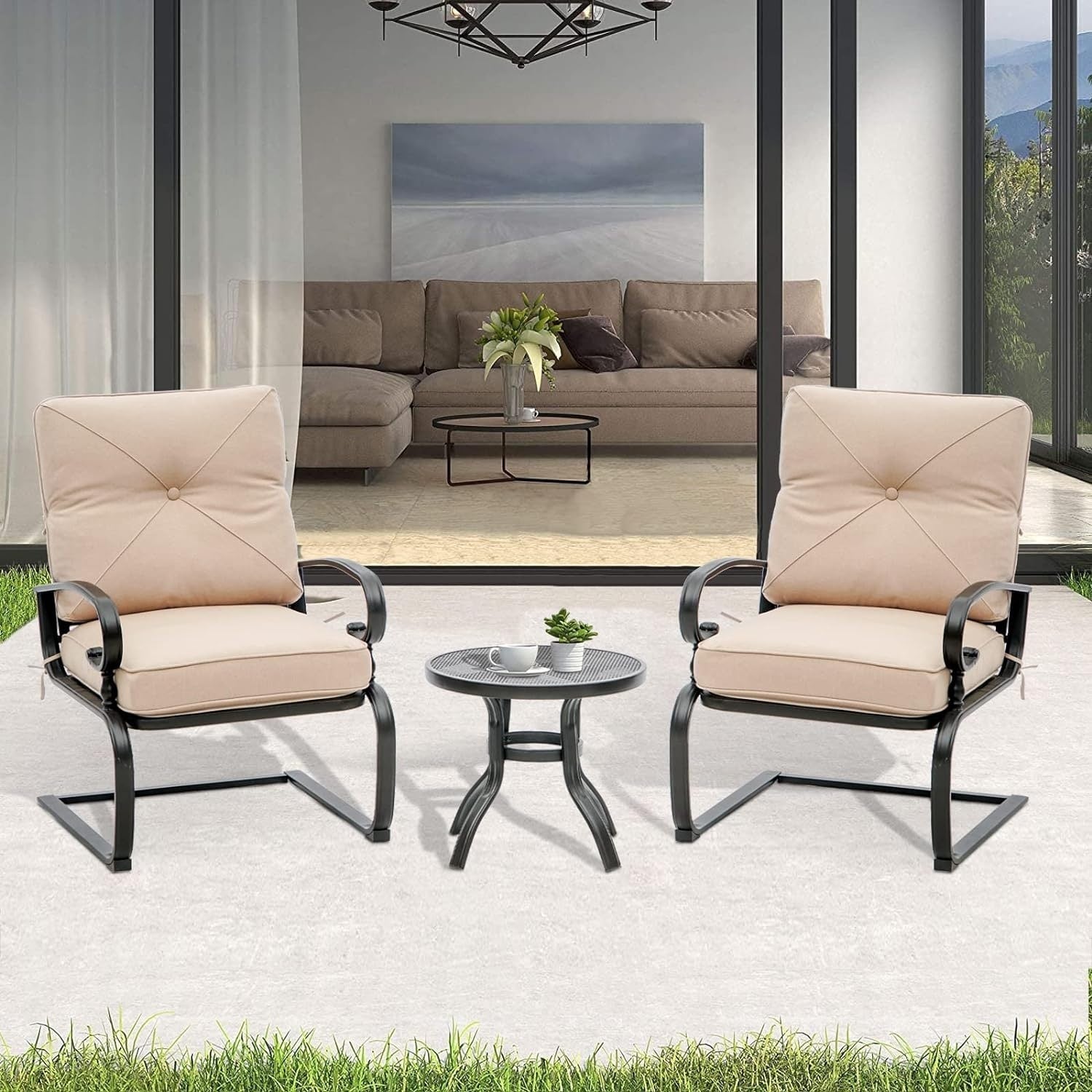 Ensemble bistrot d'extérieur 3 pièces Nista avec coussins et table basse, à ressorts en C, par Havenside Home
