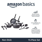 Batterie de cuisine antiadhésive 15 pièces, casseroles, poêles et ustensiles, noir