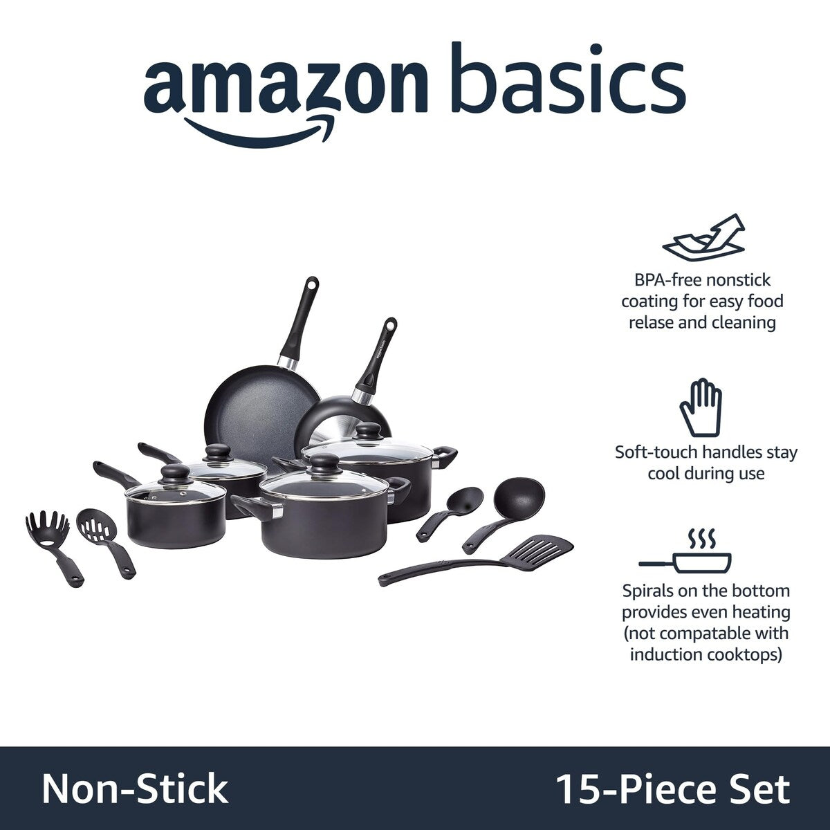 Batterie de cuisine antiadhésive 15 pièces, casseroles, poêles et ustensiles, noir