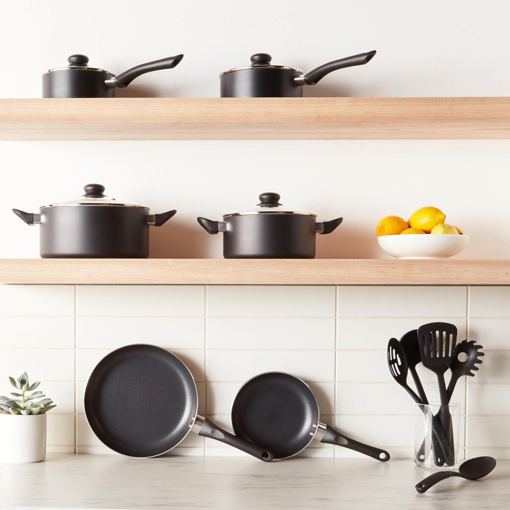 Batterie de cuisine antiadhésive 15 pièces, casseroles, poêles et ustensiles, noir
