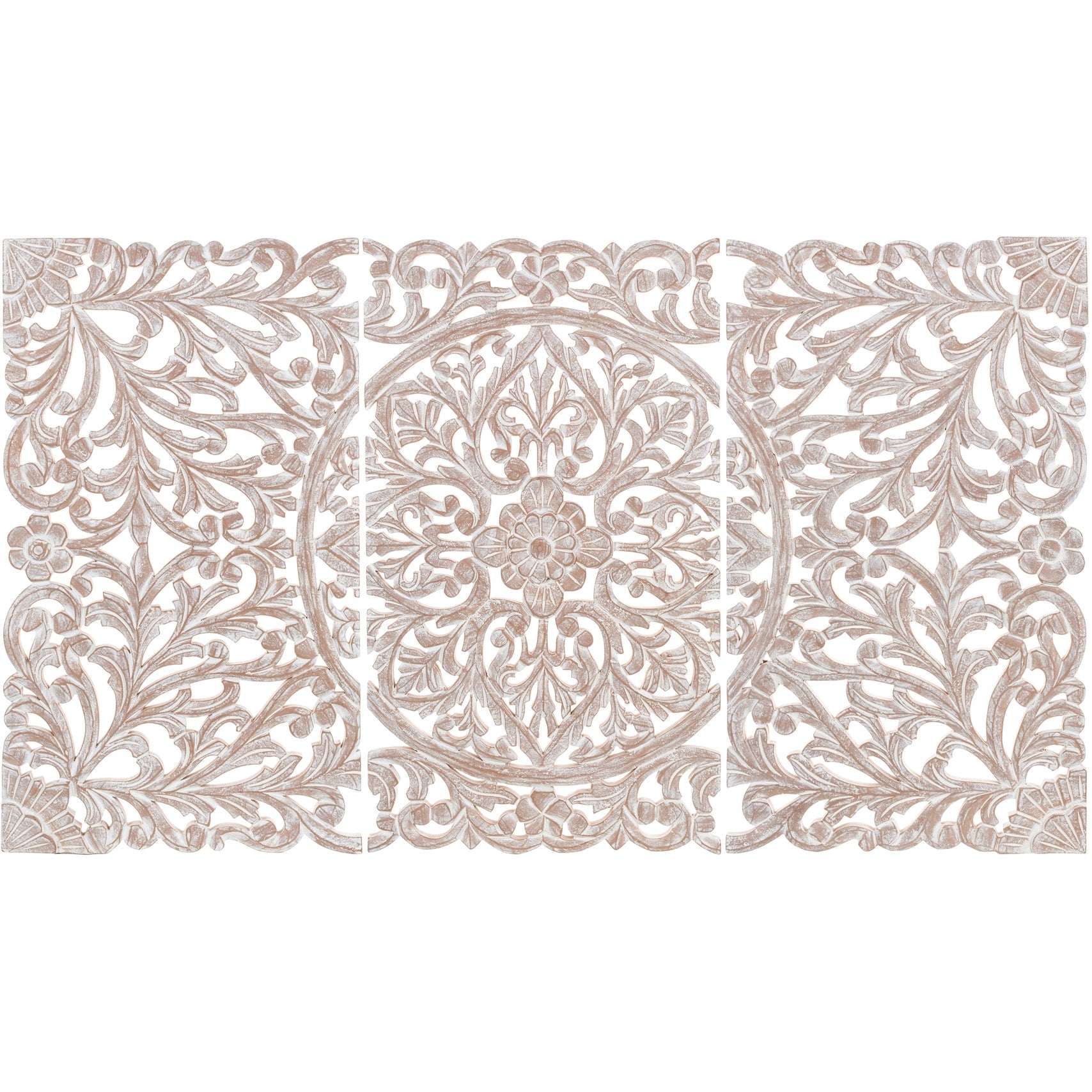 Décoration murale à 3 panneaux en bois naturel sculpté à la main Norma Floral 48 x 28 pouces