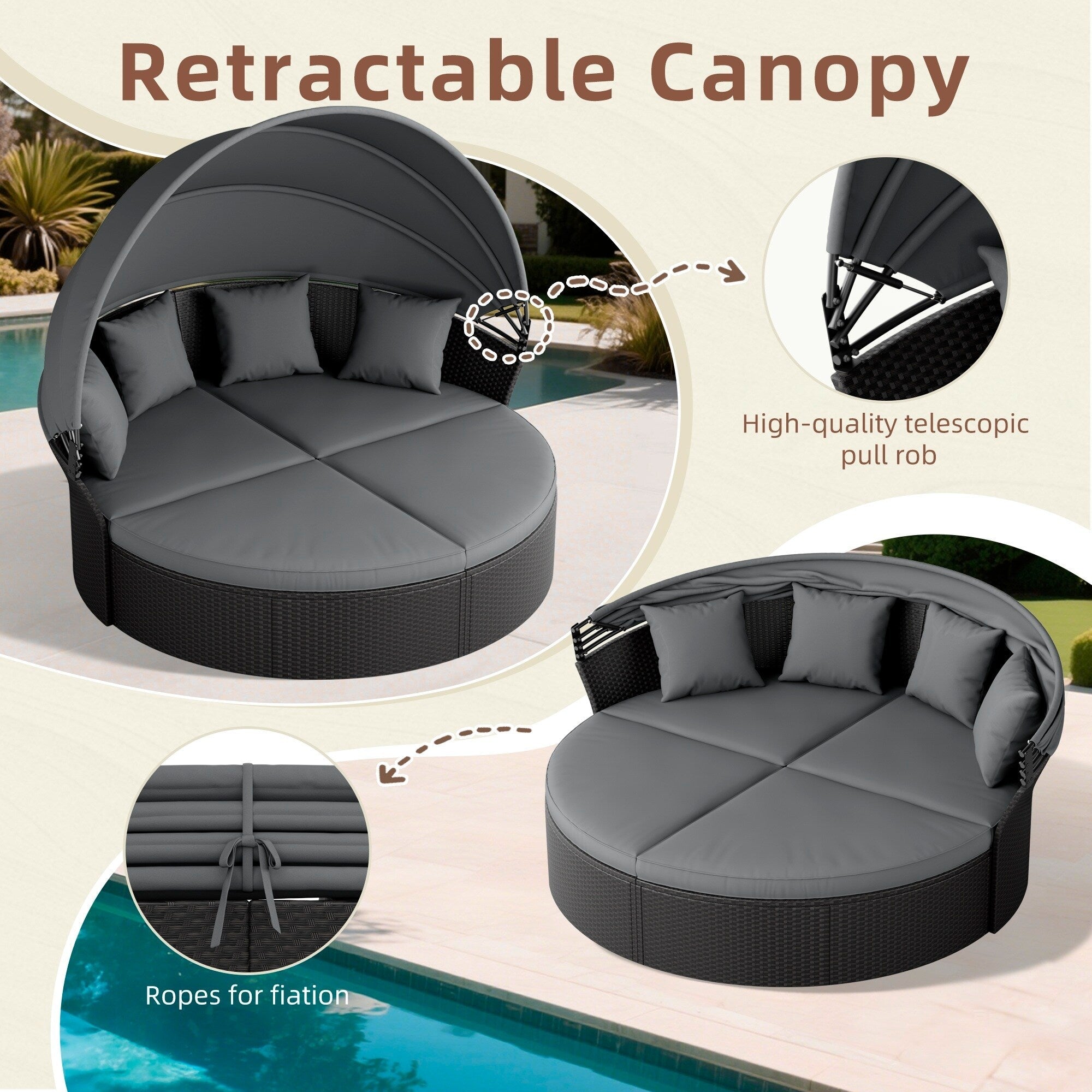 Ensemble de canapé-lit sectionnel rond en osier noir pour patio Nuon 4 pièces avec auvent rétractable par Havenside Home