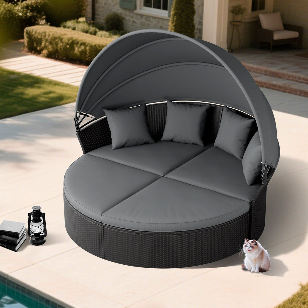 Ensemble de canapé-lit sectionnel rond en osier noir pour patio Nuon 4 pièces avec auvent rétractable par Havenside Home
