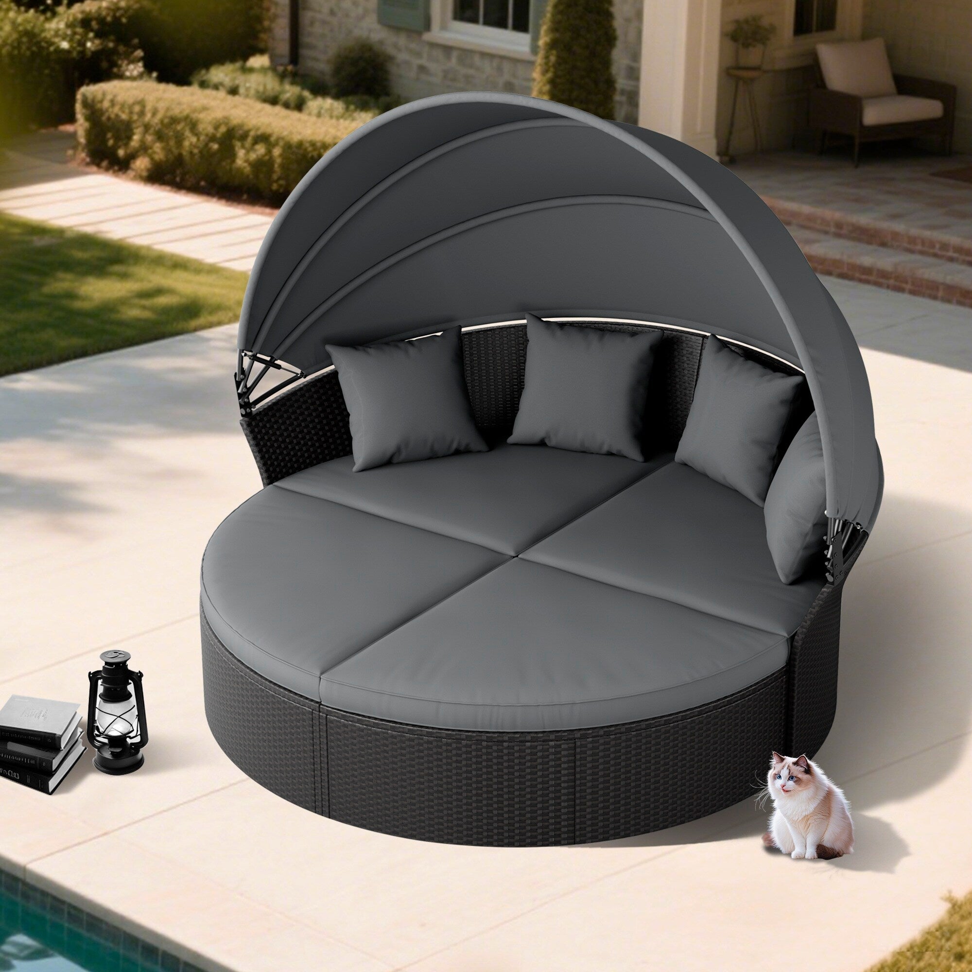 Ensemble de canapé-lit sectionnel rond en osier noir pour patio Nuon 4 pièces avec auvent rétractable par Havenside Home