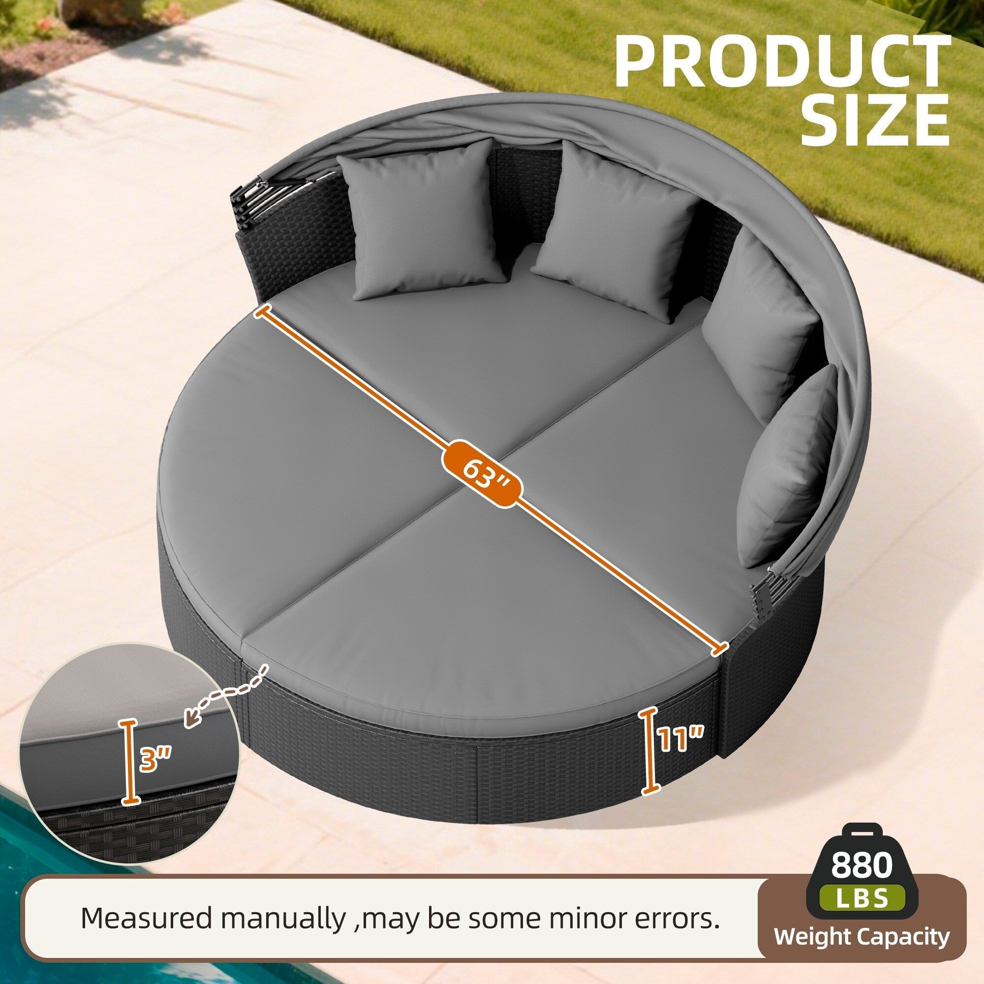 Ensemble de canapé-lit sectionnel rond en osier noir pour patio Nuon 4 pièces avec auvent rétractable par Havenside Home