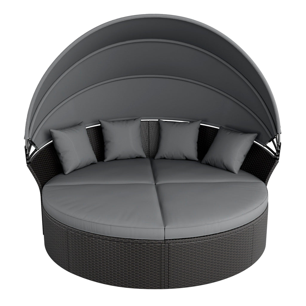 Ensemble de canapé-lit sectionnel rond en osier noir pour patio Nuon 4 pièces avec auvent rétractable par Havenside Home
