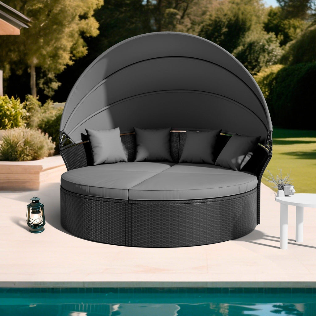 Ensemble de canapé-lit sectionnel rond en osier noir pour patio Nuon 4 pièces avec auvent rétractable par Havenside Home