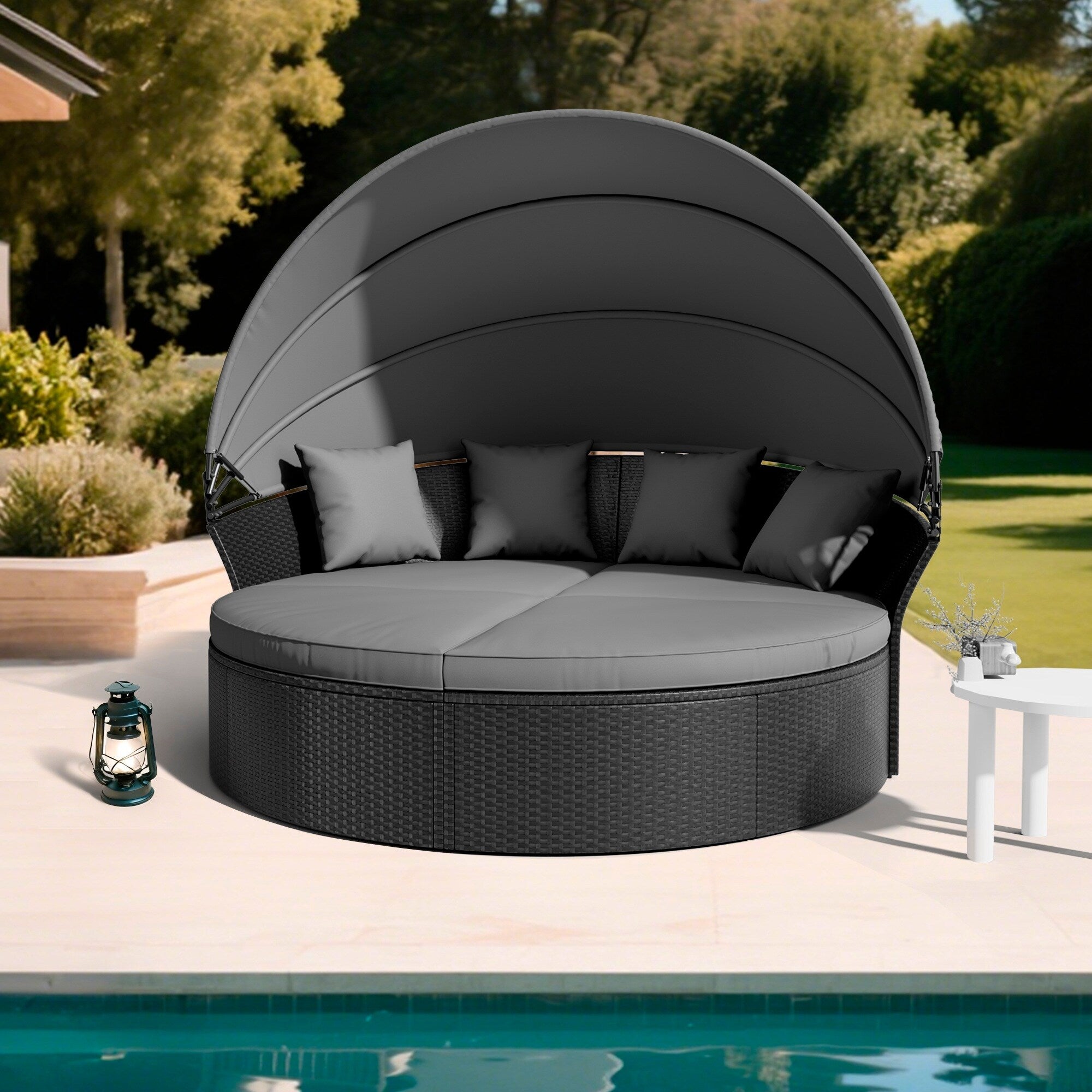 Ensemble de canapé-lit sectionnel rond en osier noir pour patio Nuon 4 pièces avec auvent rétractable par Havenside Home