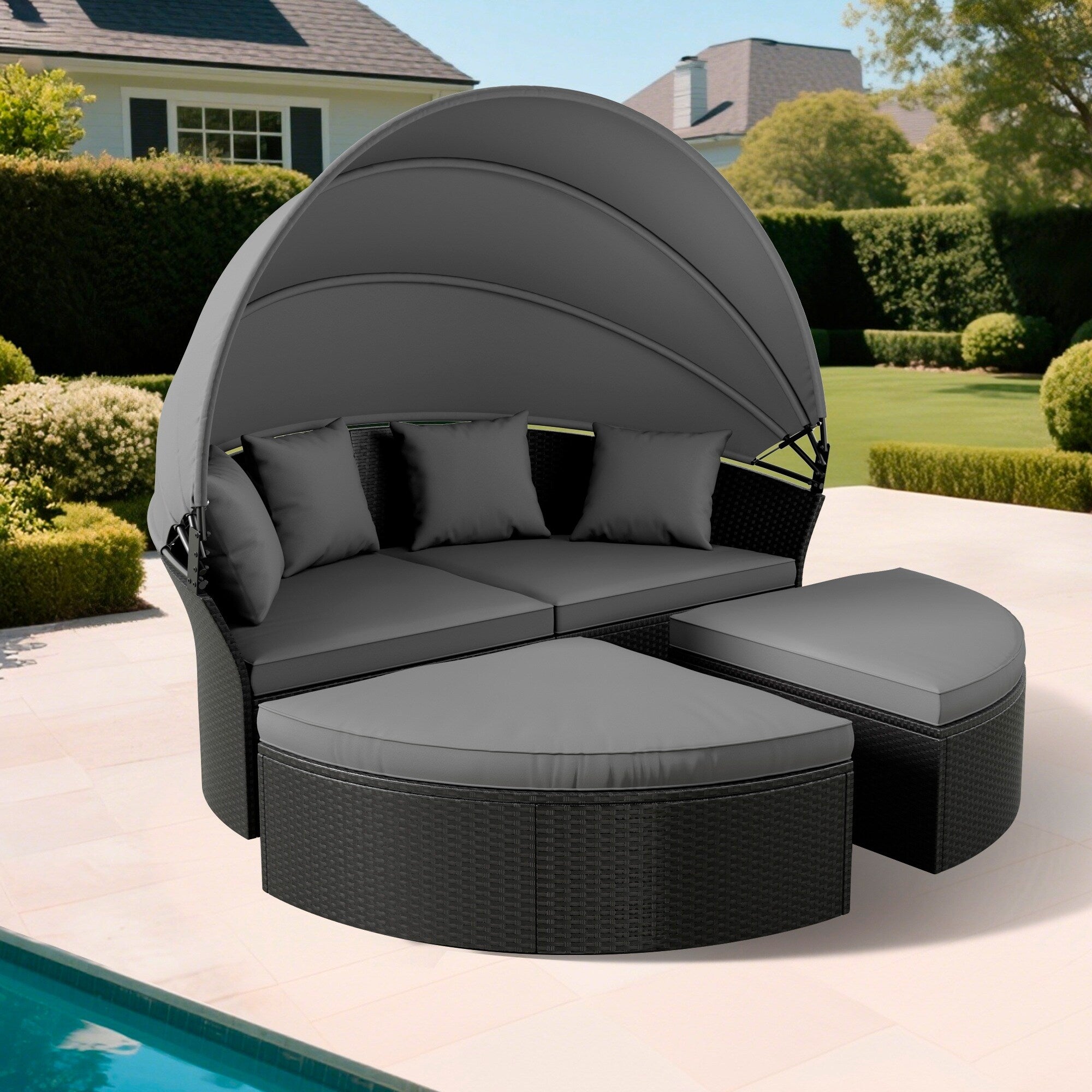 Ensemble de canapé-lit sectionnel rond en osier noir pour patio Nuon 4 pièces avec auvent rétractable par Havenside Home