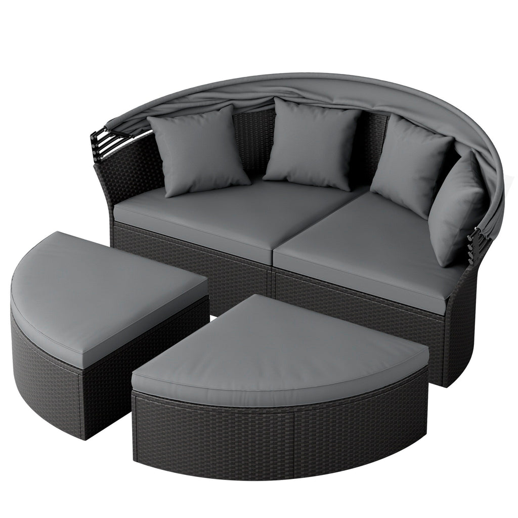 Ensemble de canapé-lit sectionnel rond en osier noir pour patio Nuon 4 pièces avec auvent rétractable par Havenside Home