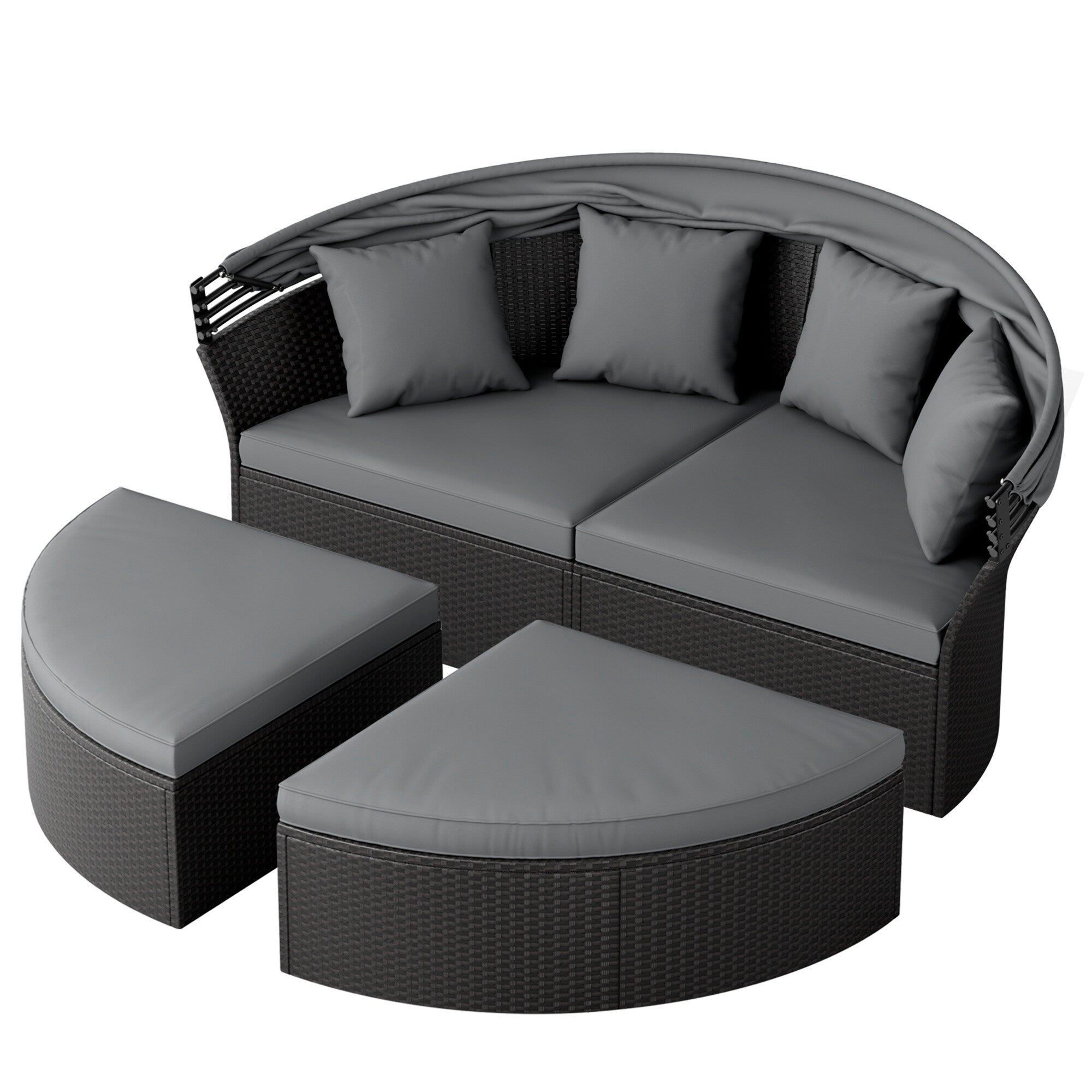 Ensemble de canapé-lit sectionnel rond en osier noir pour patio Nuon 4 pièces avec auvent rétractable par Havenside Home