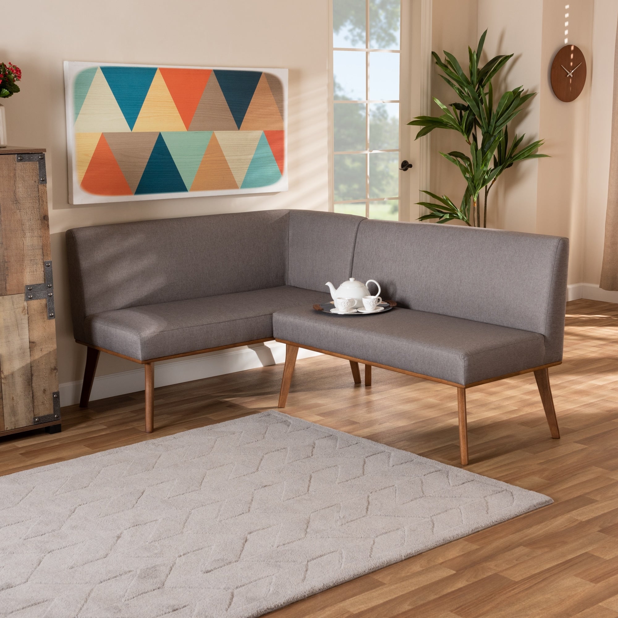 Ensemble de banquette de coin repas 2 pièces en tissu gris et bois de noyer Odessa