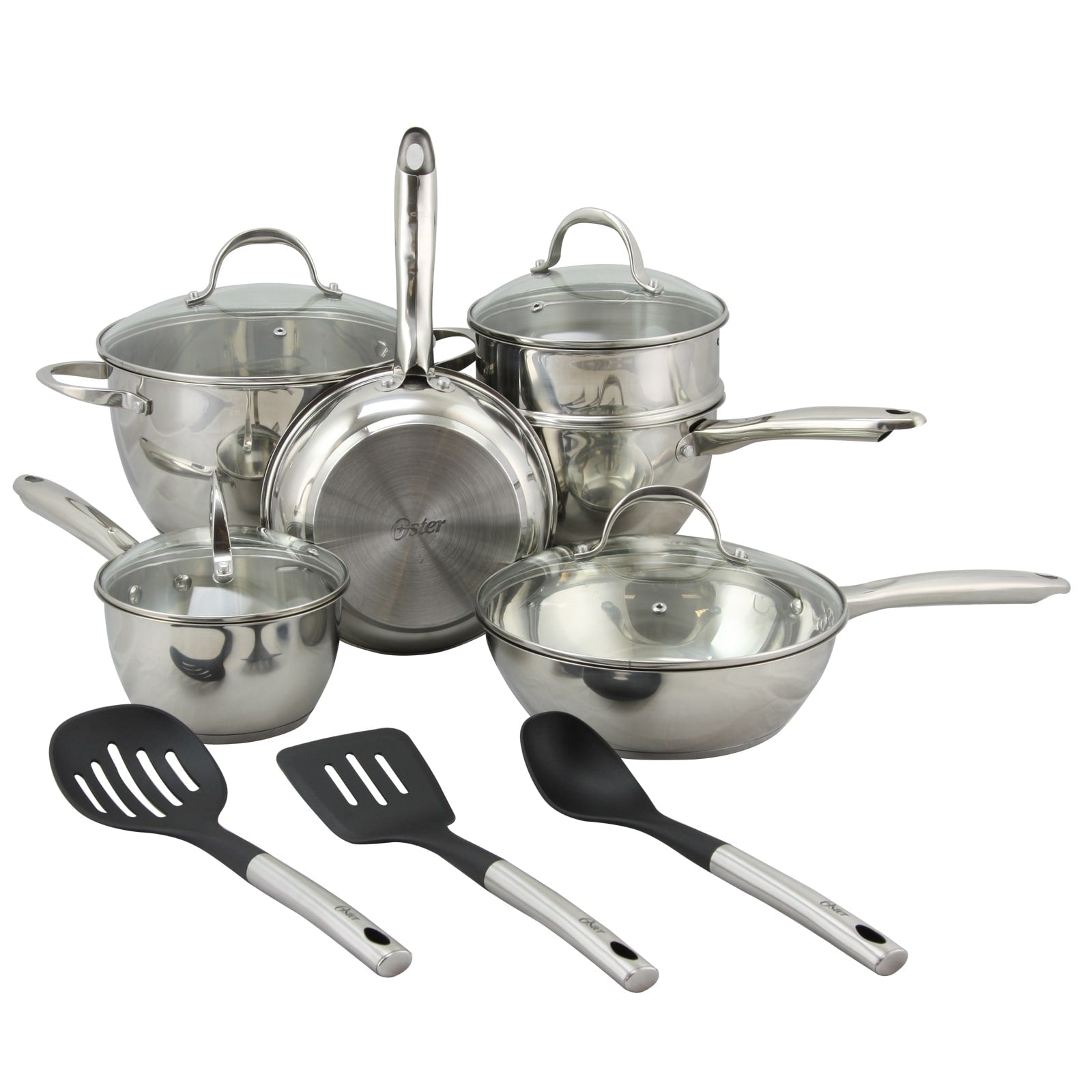 Batterie de cuisine Oster Ridgewell 13 pièces en acier inoxydable en forme de ventre