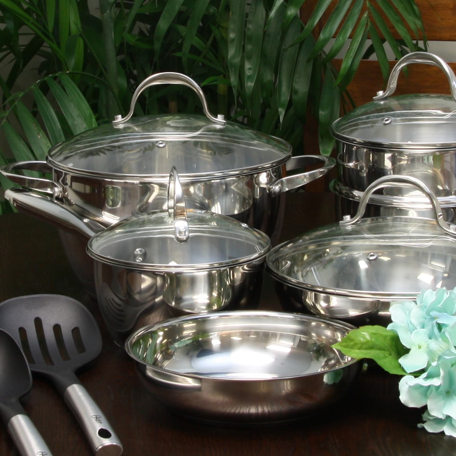 Batterie de cuisine Oster Ridgewell 13 pièces en acier inoxydable en forme de ventre