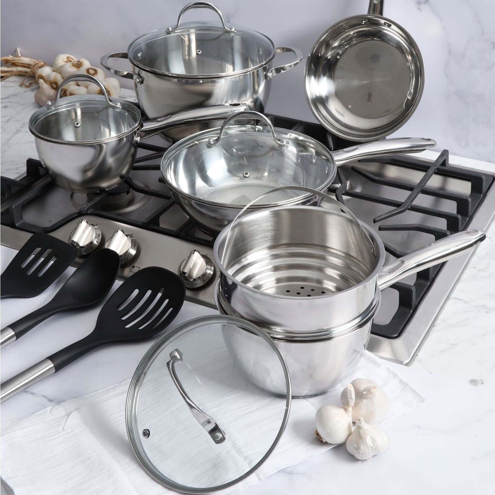 Batterie de cuisine Oster Ridgewell 13 pièces en acier inoxydable en forme de ventre