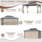Gazebo à toit rigide EROMMY, pergola d'extérieur avec double toit, filet et rideaux, auvent robuste pour patio, arrière-cour, fête au bord de la piscine