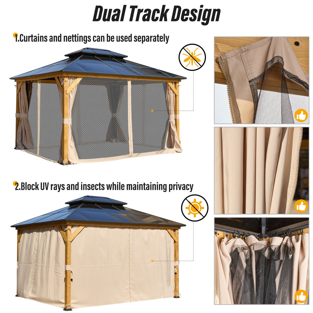 Gazebo à toit rigide EROMMY, pergola d'extérieur avec double toit, filet et rideaux, auvent robuste pour patio, arrière-cour, fête au bord de la piscine