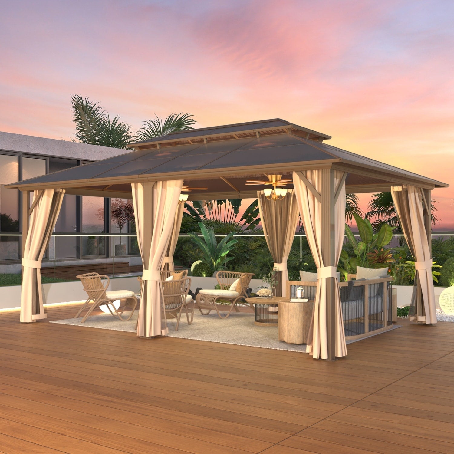 Gazebo à toit rigide EROMMY, pergola d'extérieur avec double toit, filet et rideaux, auvent robuste pour patio, arrière-cour, fête au bord de la piscine