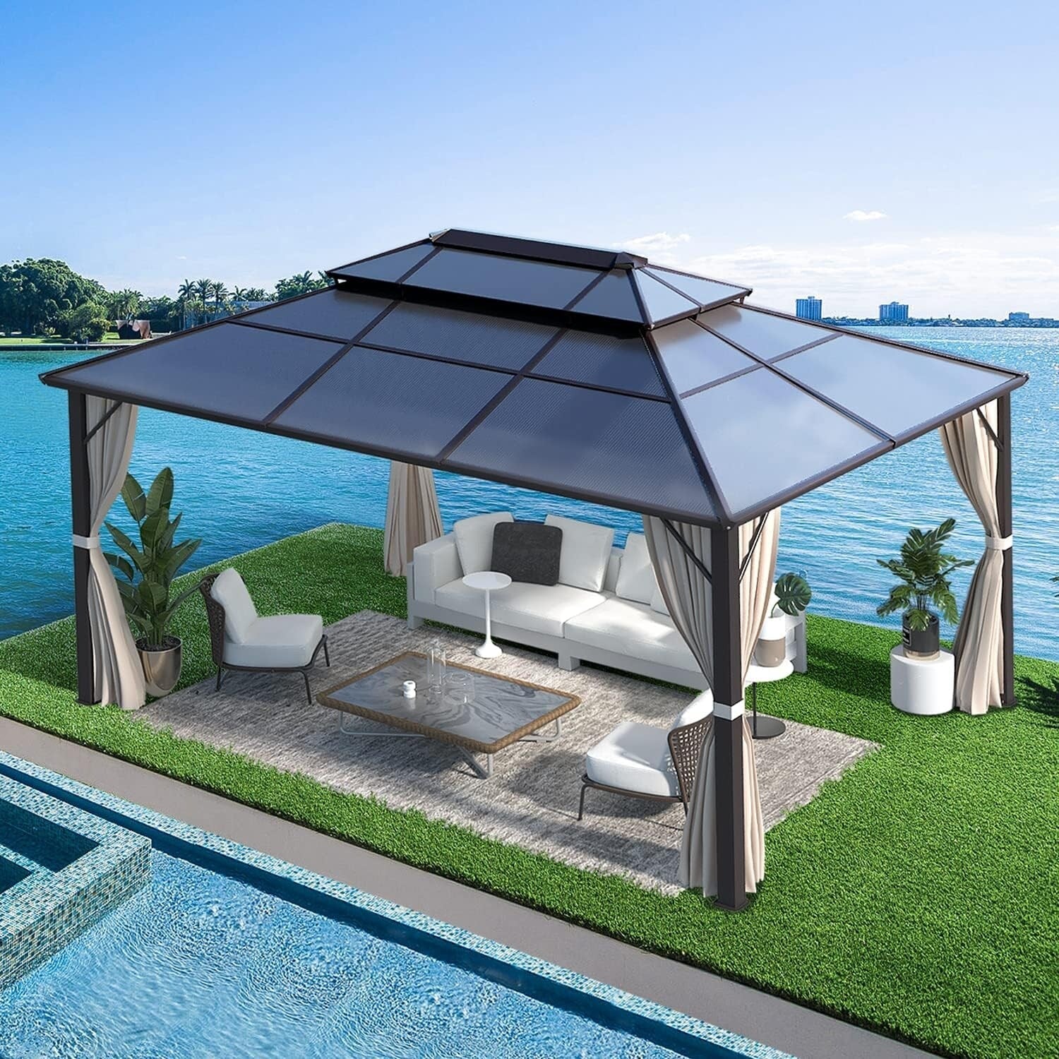 Gazebo à toit rigide EROMMY, pergola d'extérieur avec double toit, filet et rideaux, auvent robuste pour patio, arrière-cour, fête au bord de la piscine