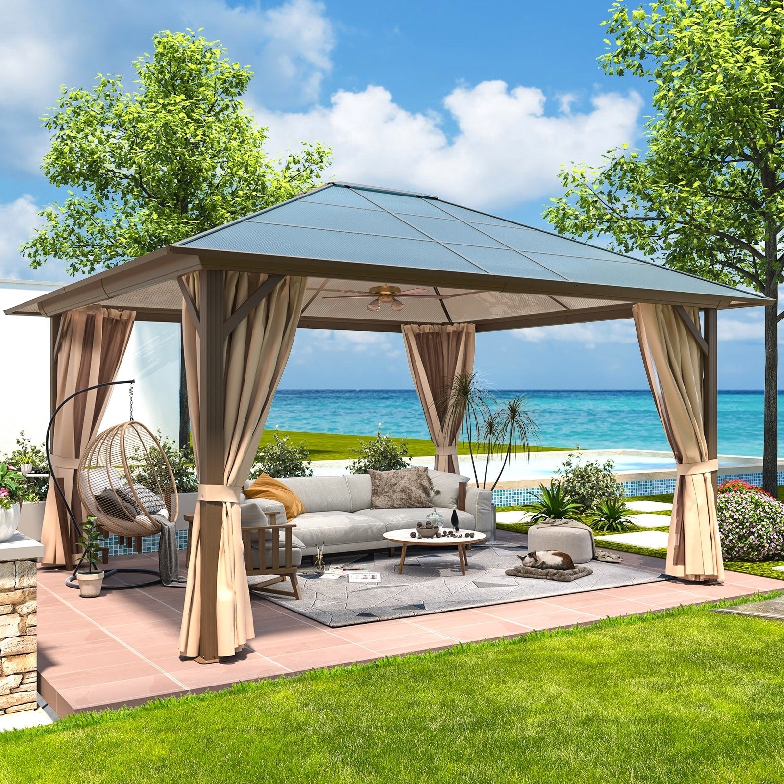 Gazebo à toit rigide EROMMY, pergola d'extérieur avec double toit, filet et rideaux, auvent robuste pour patio, arrière-cour, fête au bord de la piscine