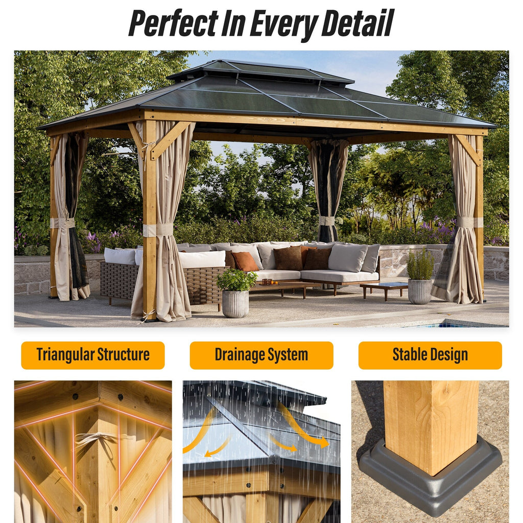 Gazebo à toit rigide EROMMY, pergola d'extérieur avec double toit, filet et rideaux, auvent robuste pour patio, arrière-cour, fête au bord de la piscine