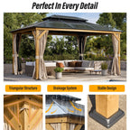 Gazebo à toit rigide EROMMY, pergola d'extérieur avec double toit, filet et rideaux, auvent robuste pour patio, arrière-cour, fête au bord de la piscine