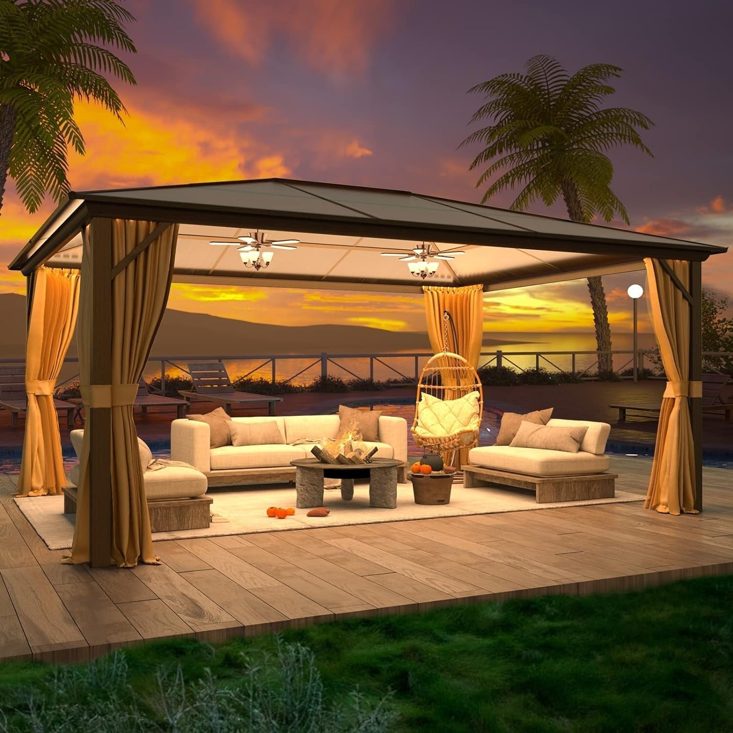 Gazebo à toit rigide EROMMY, pergola d'extérieur avec double toit, filet et rideaux, auvent robuste pour patio, arrière-cour, fête au bord de la piscine